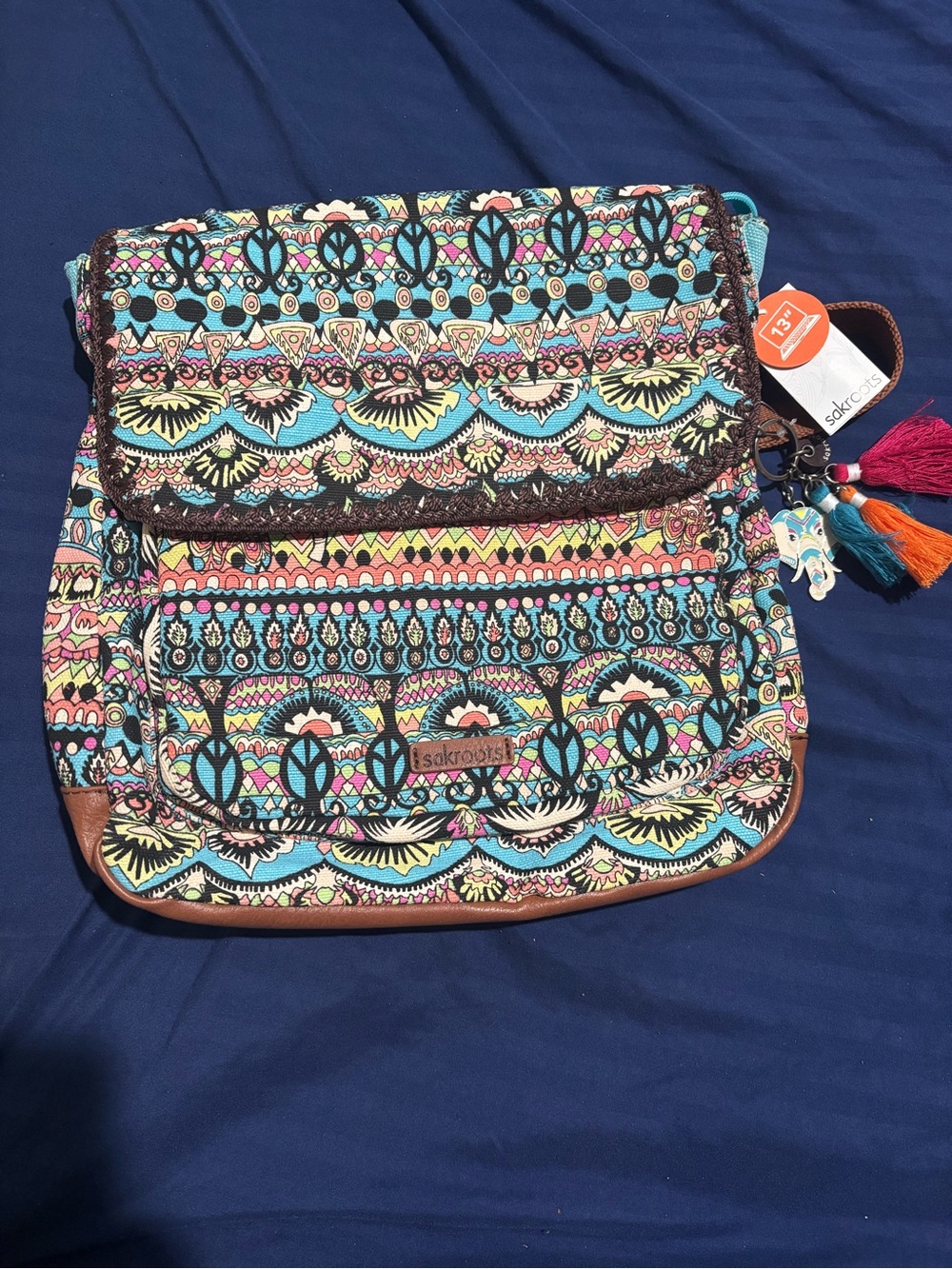 Sakroots Teal Multi Tribal Print Crossbody with Tassels